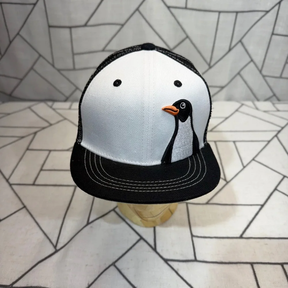 Aksels Youth Penguin Trucker Hat Black White Snapback Mesh Flat Brim Cap